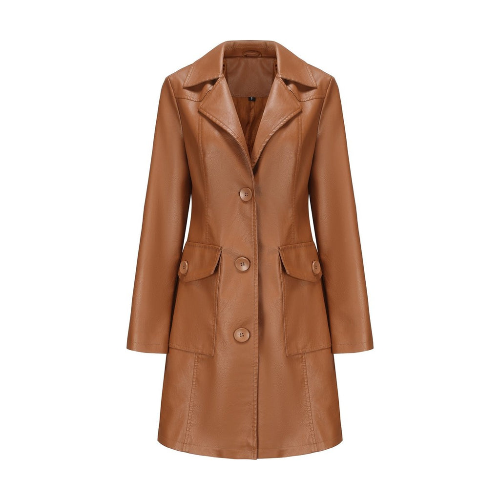 Women's Long Leather Trench Coat Outerwear
