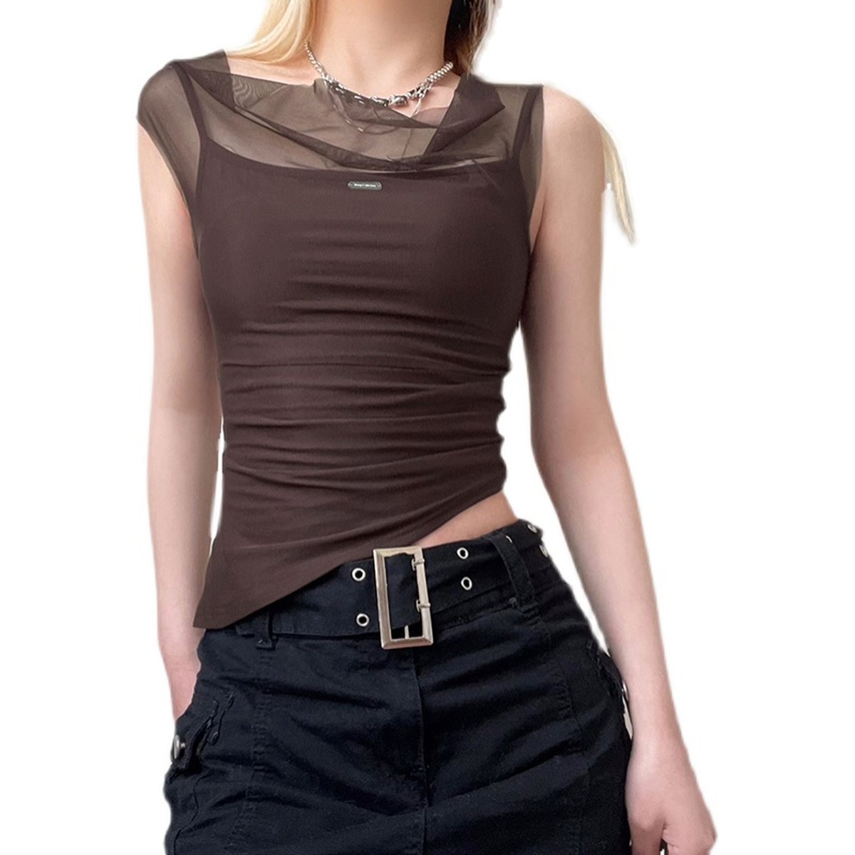 Women's Mesh Spliced Irregular Strap Tank Top
