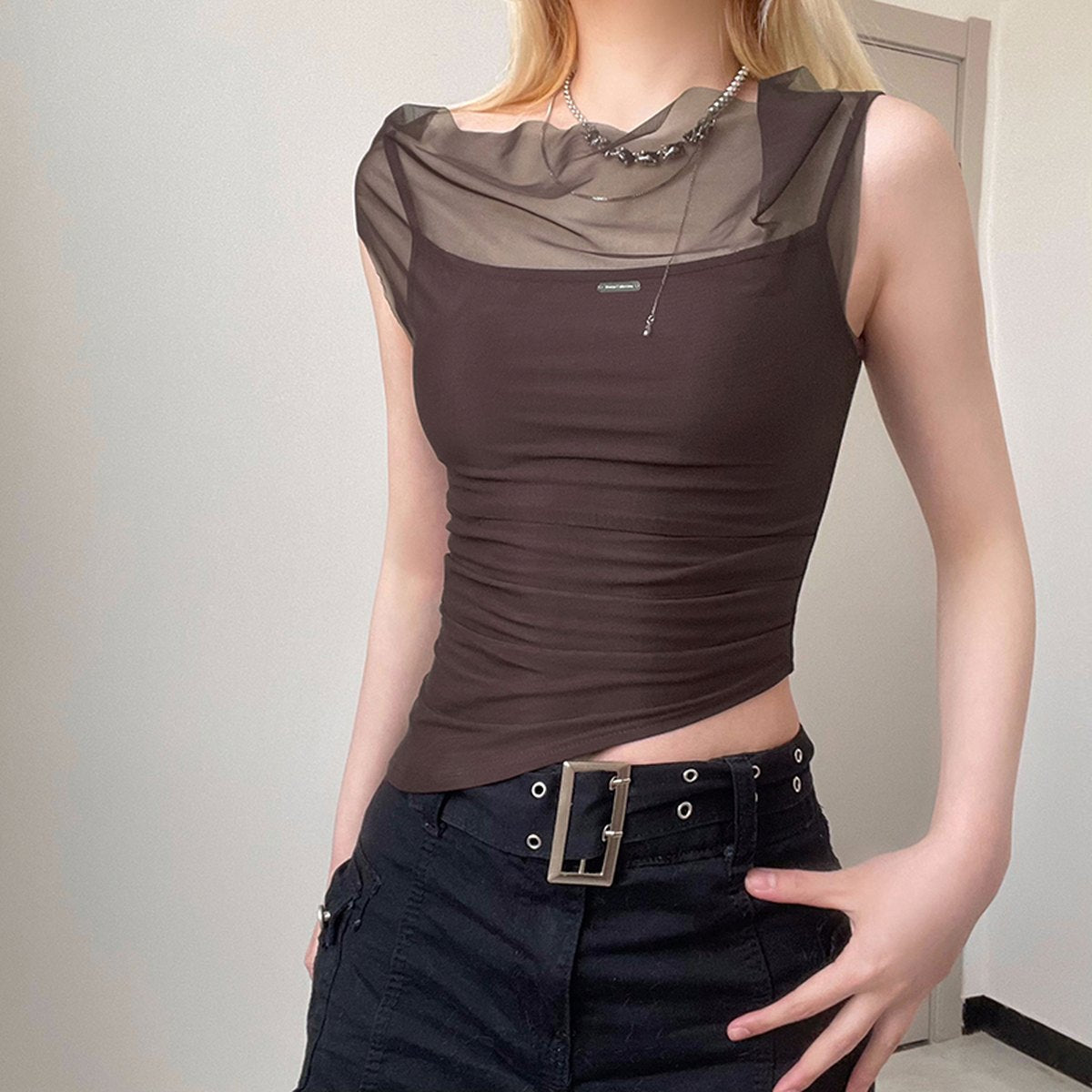 Women's Mesh Spliced Irregular Strap Tank Top
