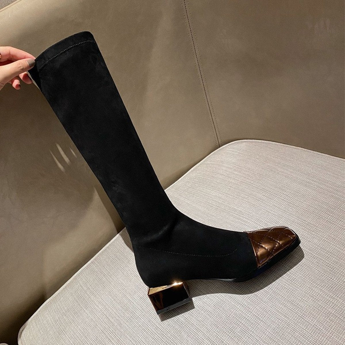Women's Mid Heel Stitching Knee Boots Chunky
