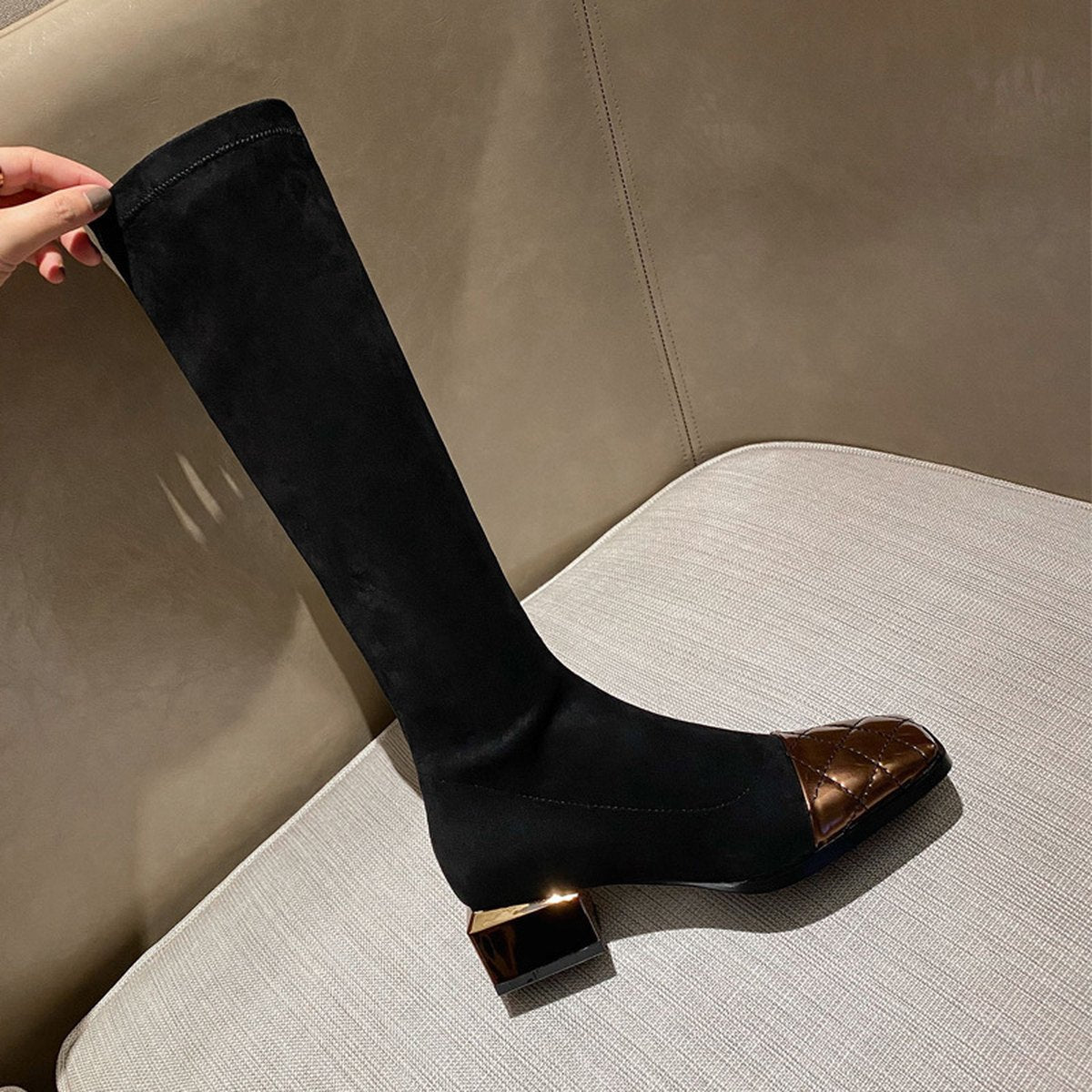 Women's Mid Heel Stitching Knee Boots Chunky