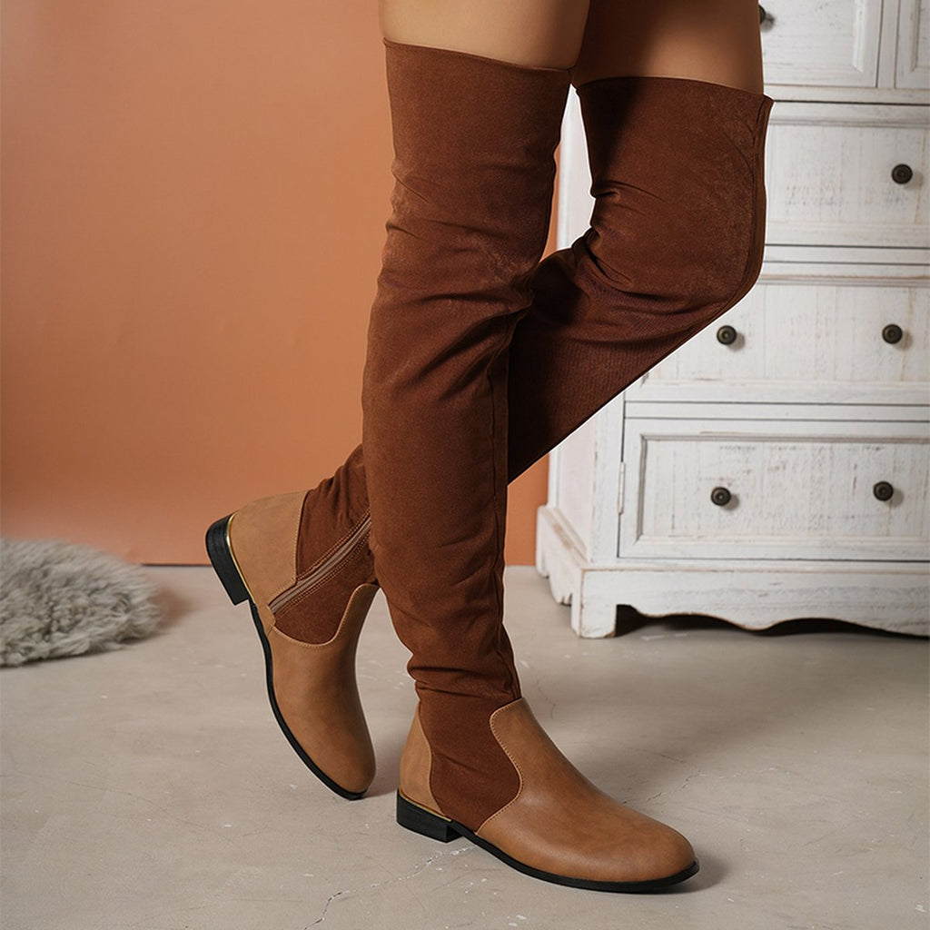 Women's Over- -knee Boots Suede Stitching Low-heeled Long