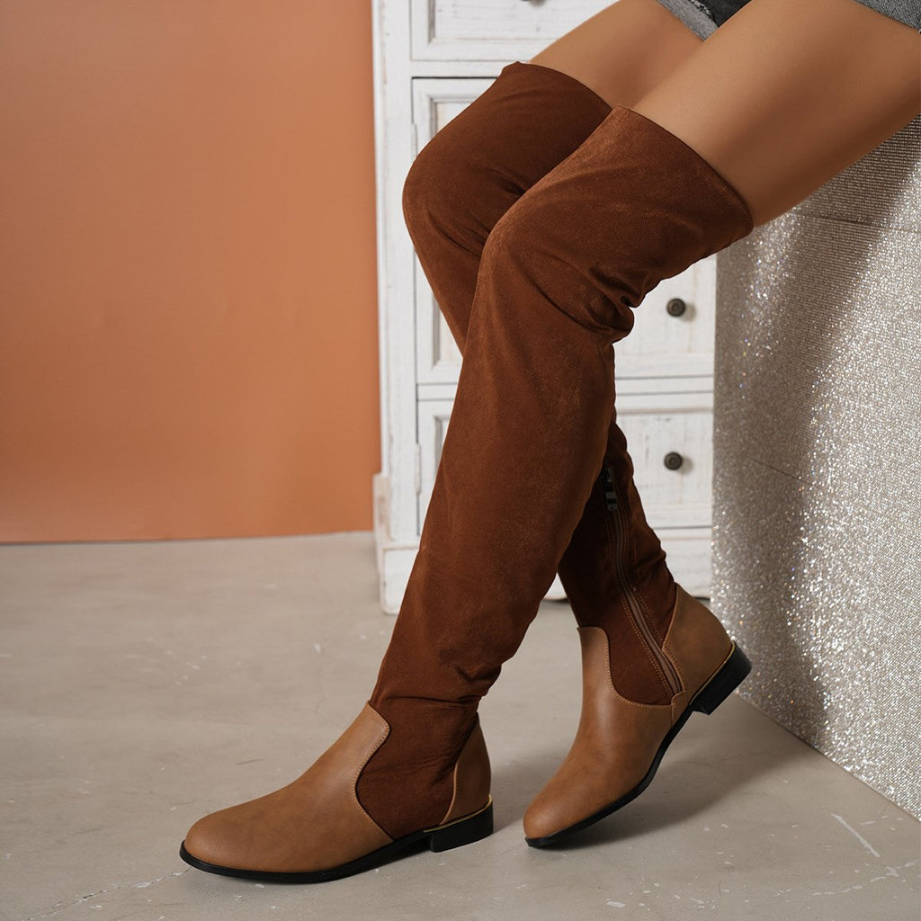Women's Over- -knee Boots Suede Stitching Low-heeled Long