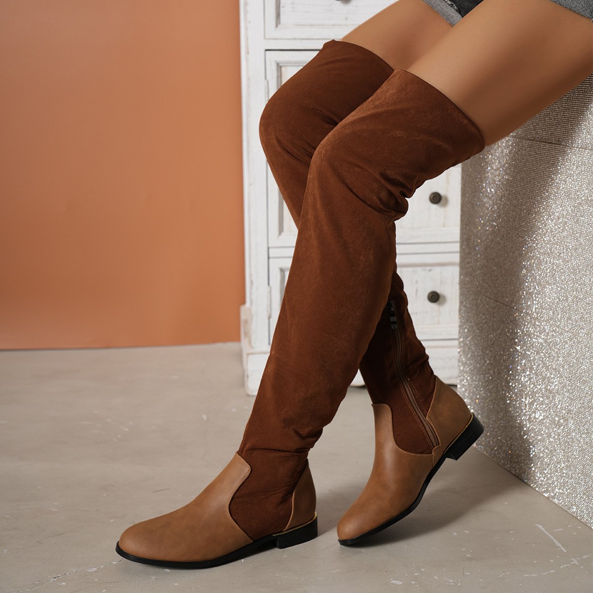 Women's Over- -knee Boots Suede Stitching Low-heeled Long