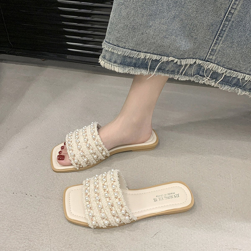 Women's Pearl-embellished Flat Slide Sandals
