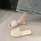 Women's Pearl-embellished Flat Slide Sandals
