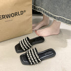 Women's Pearl-embellished Flat Slide Sandals