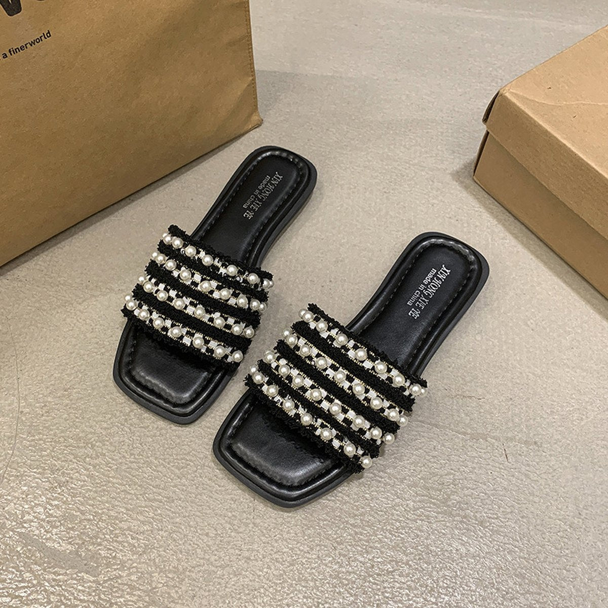 Women's Pearl-embellished Flat Slide Sandals