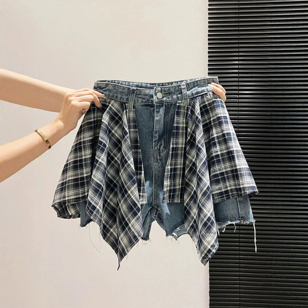 Women's Plaid Patchwork Denim Shorts