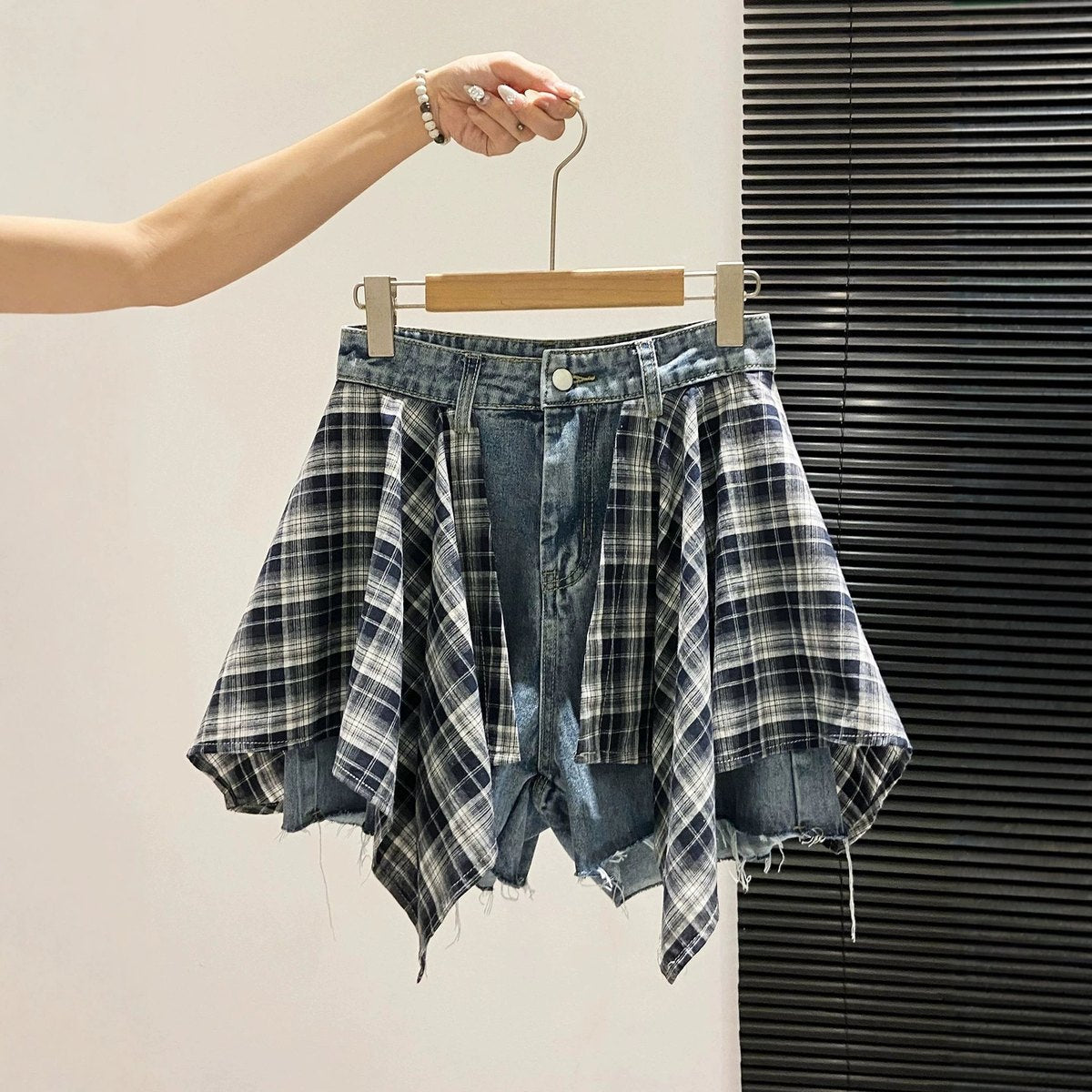 Women's Plaid Patchwork Denim Shorts