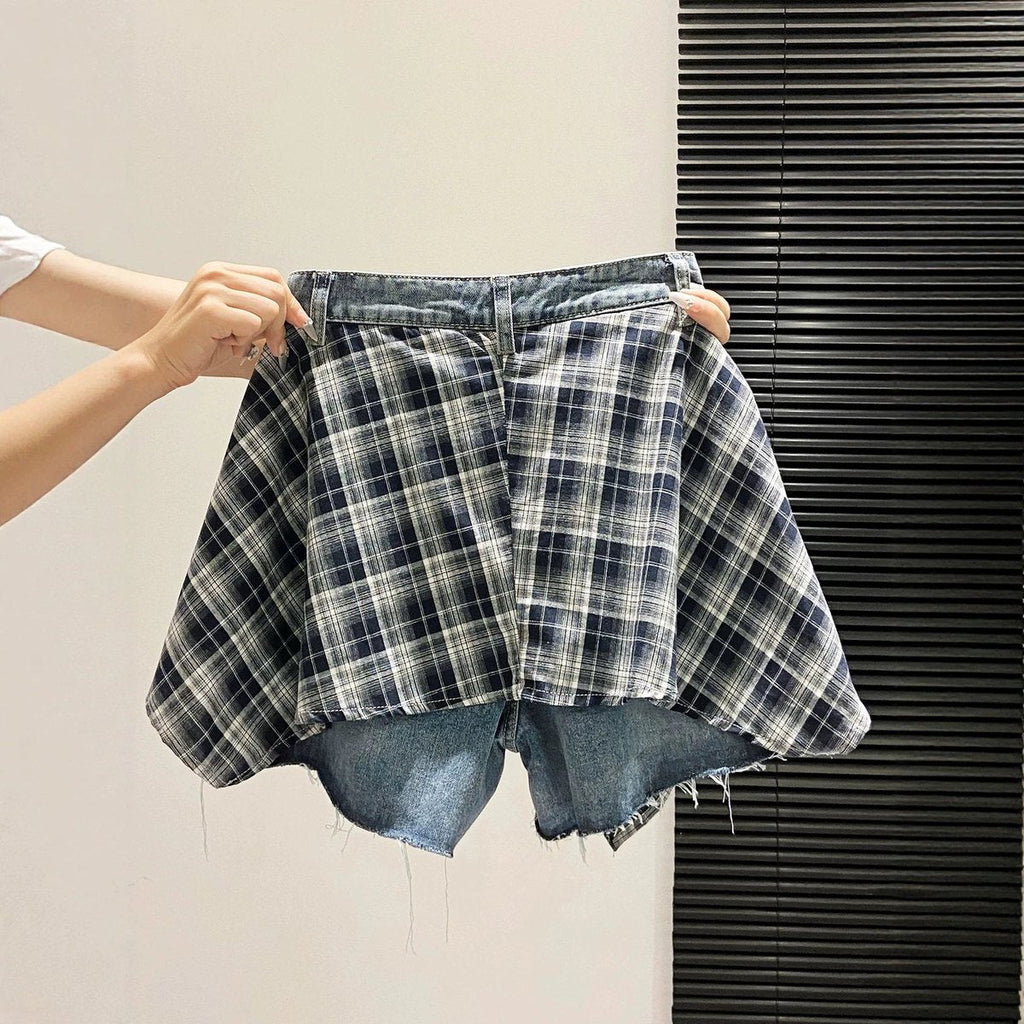 Women's Plaid Patchwork Denim Shorts