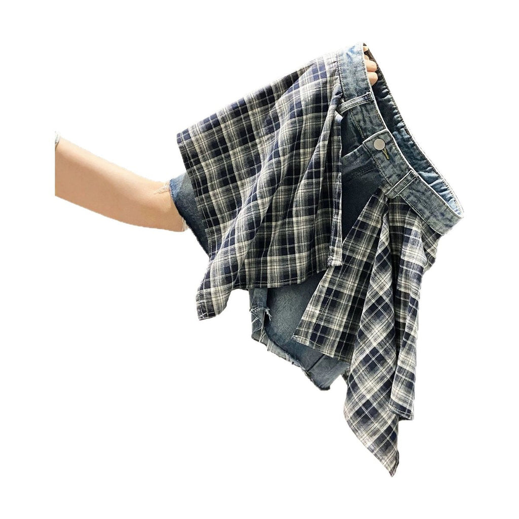 Women's Plaid Patchwork Denim Shorts