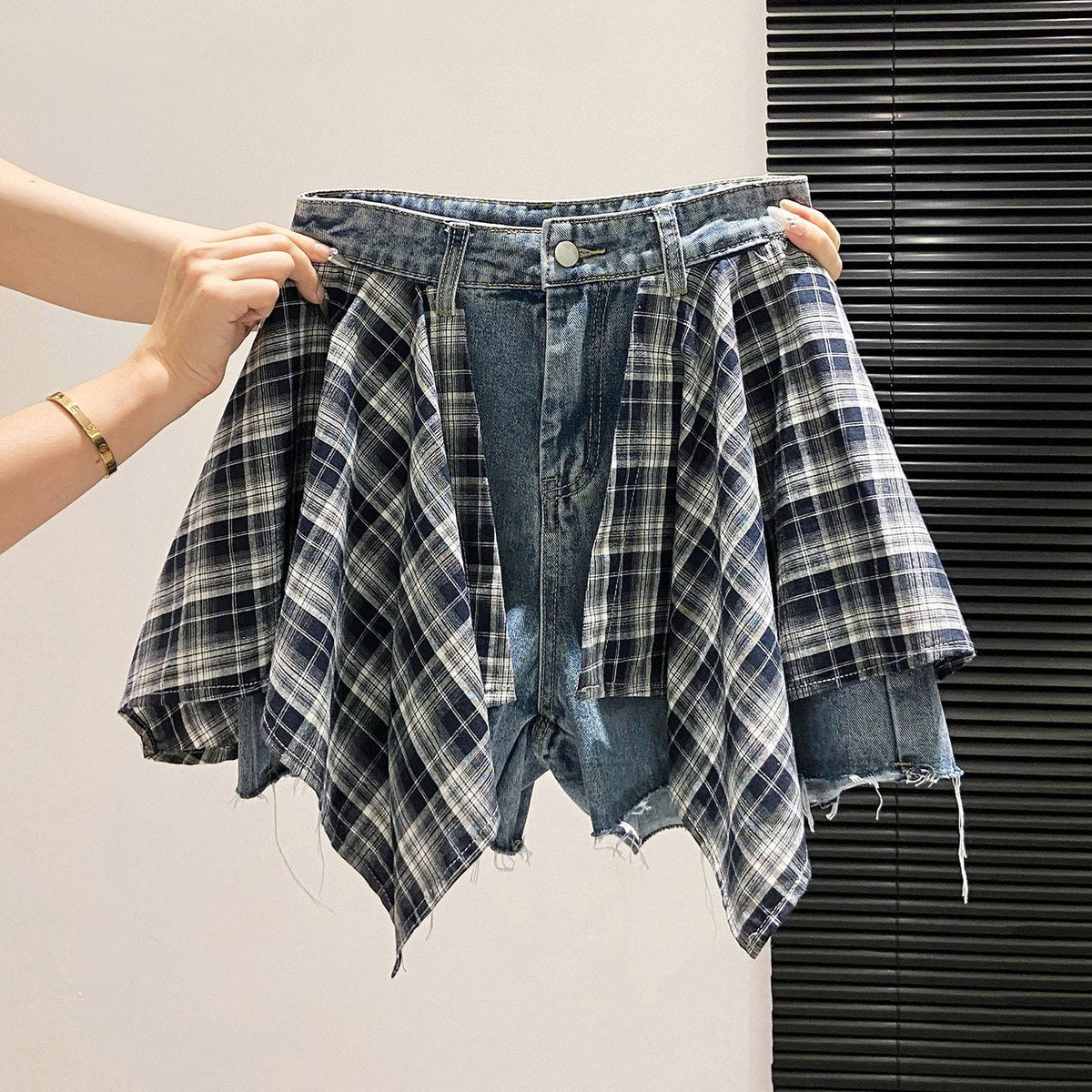 Women's Plaid Patchwork Denim Shorts