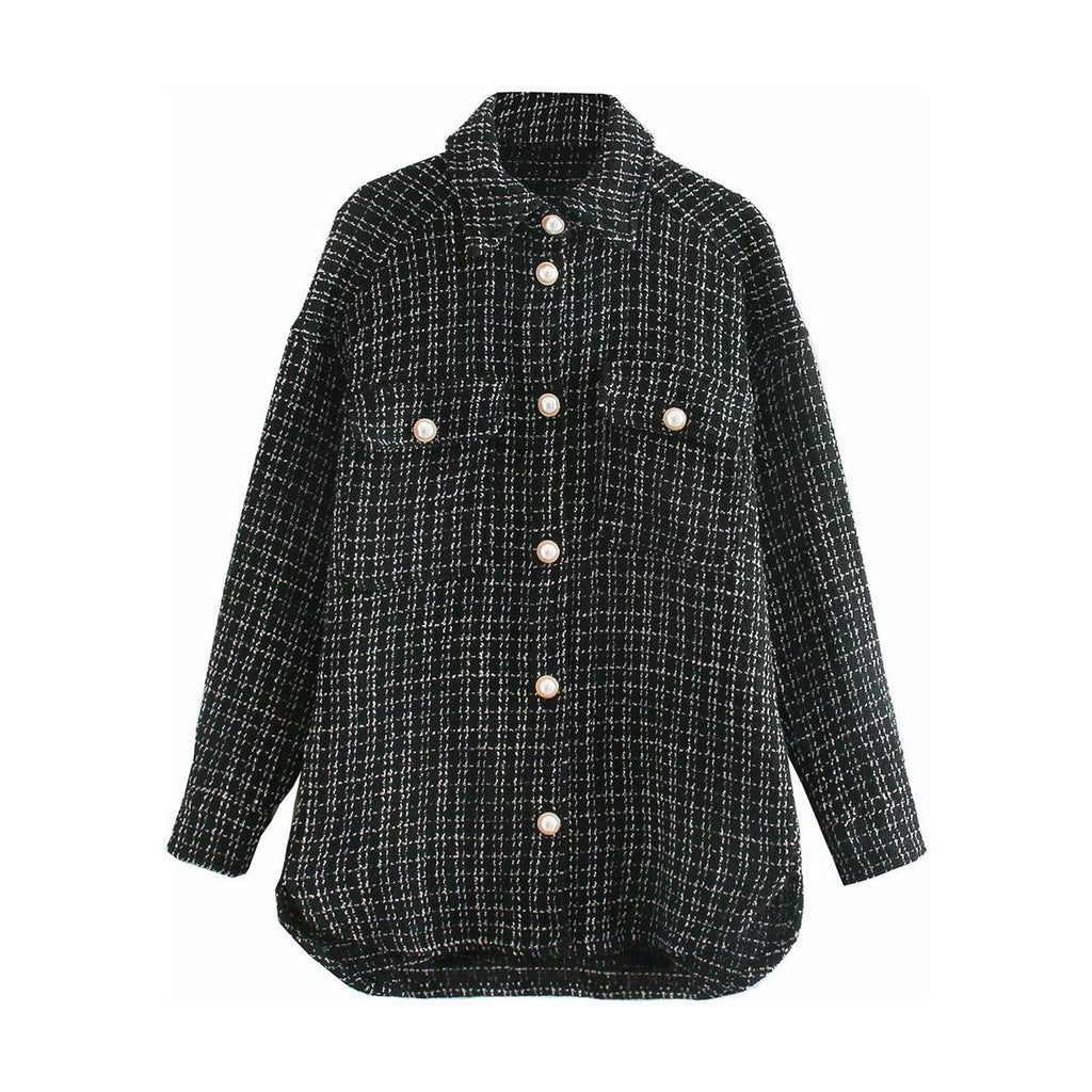 Women's Plaid Pattern Thick Coats Jacket Pearl Buttons