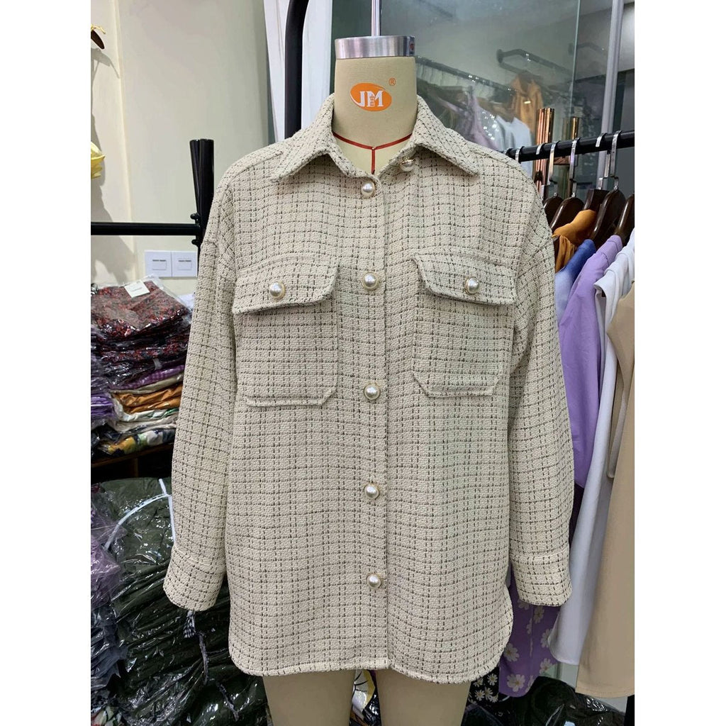 Women's Plaid Pattern Thick Coats Jacket Pearl Buttons
