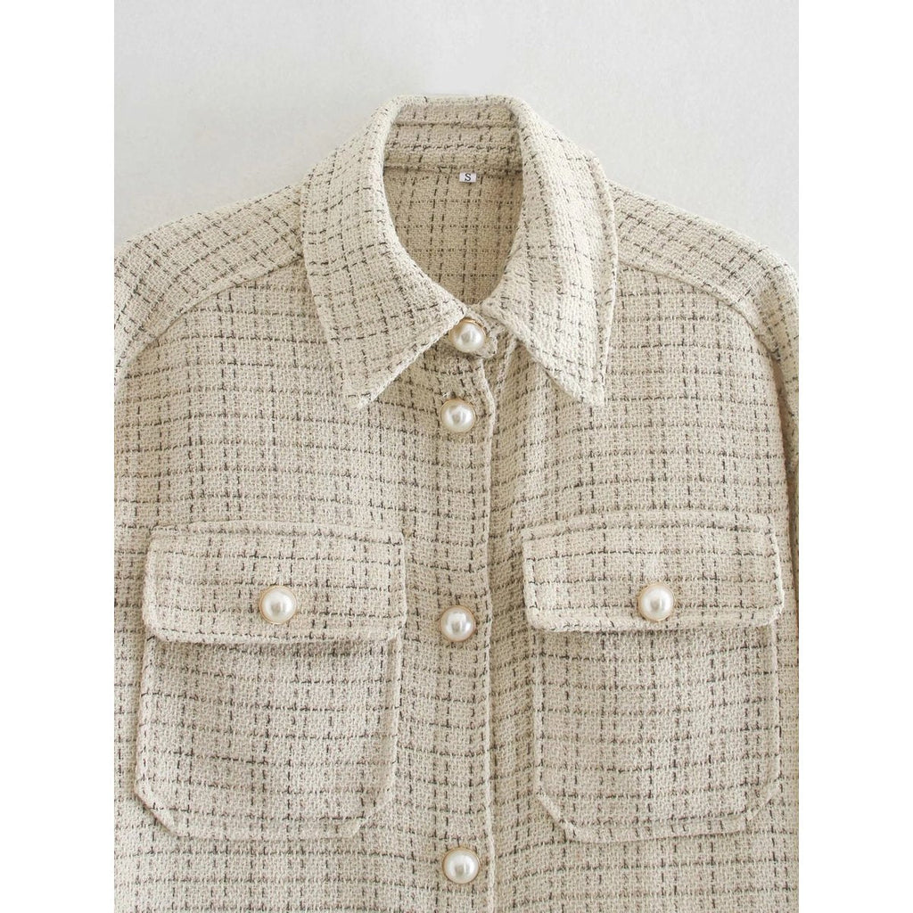 Women's Plaid Pattern Thick Coats Jacket Pearl Buttons