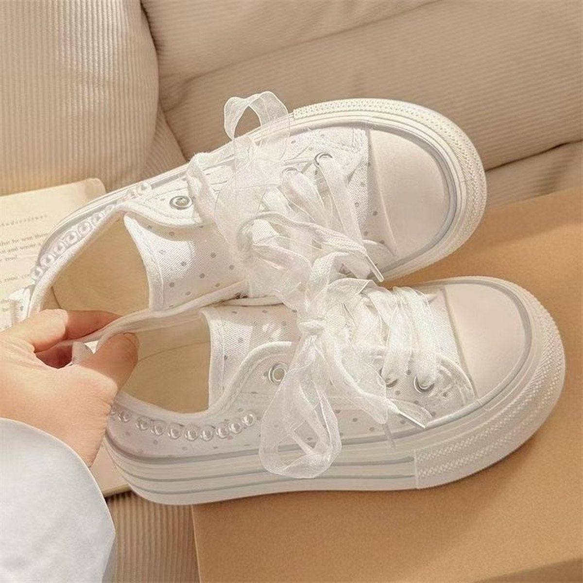 Women's Platform Backless Mule Canvas Sneakers Polka Dot