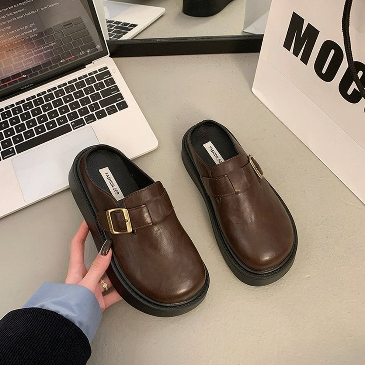Women's Platform Birken Slides Leather Mules Slip-on Lazy