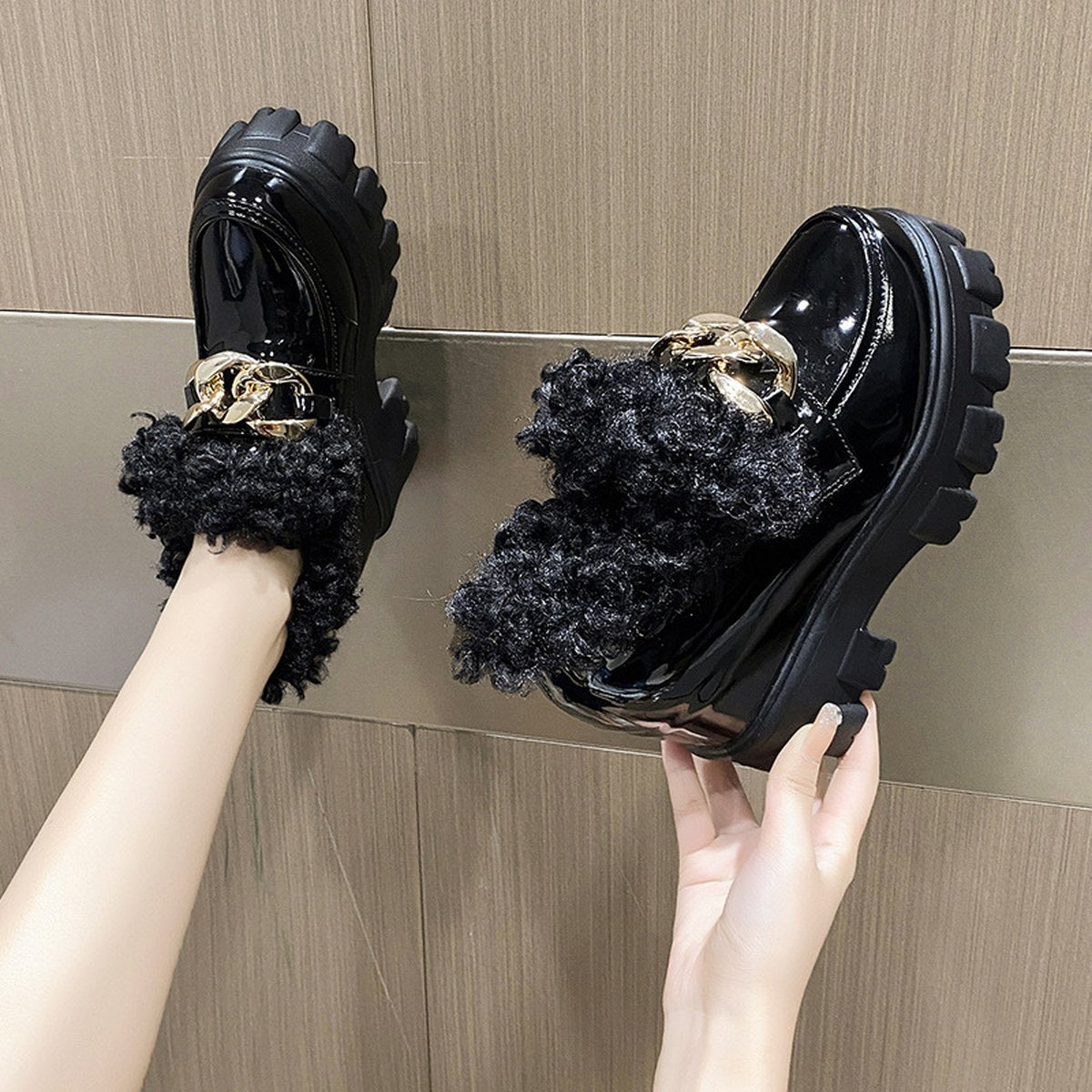 Women's Plus Fluffy Mouth Thick Soled High Loafers