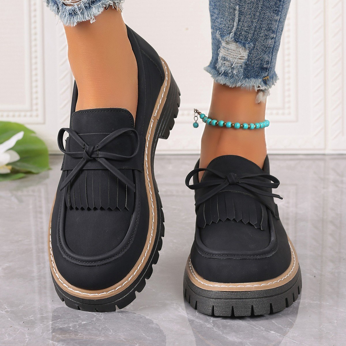Women's Plus Size Loafers Tassel Thick Heel Bowknot