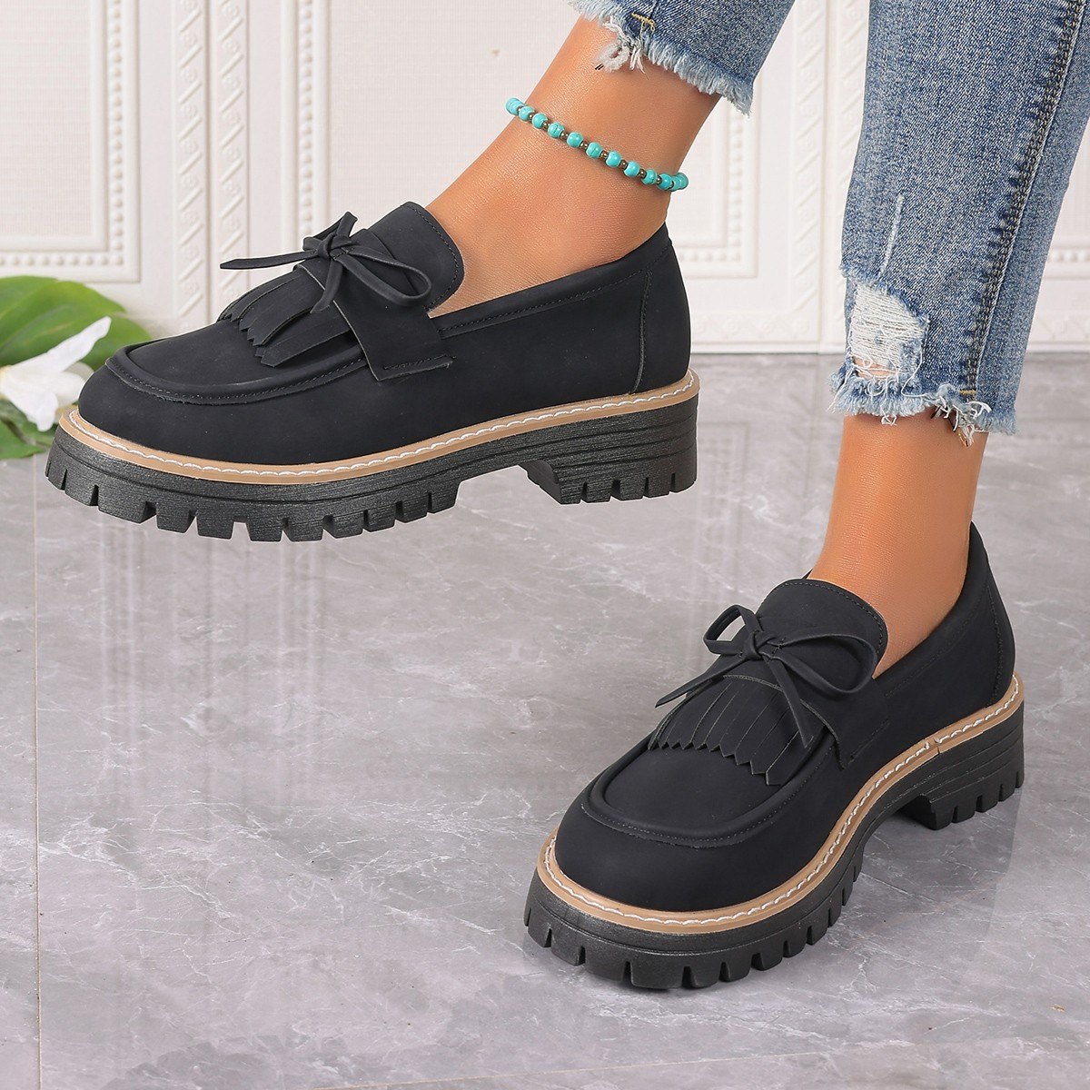 Women's Plus Size Loafers Tassel Thick Heel Bowknot