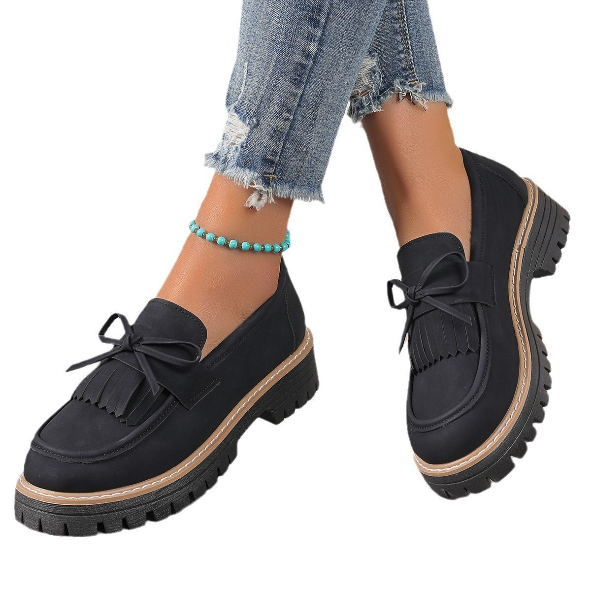 Women's Plus Size Loafers Tassel Thick Heel Bowknot
