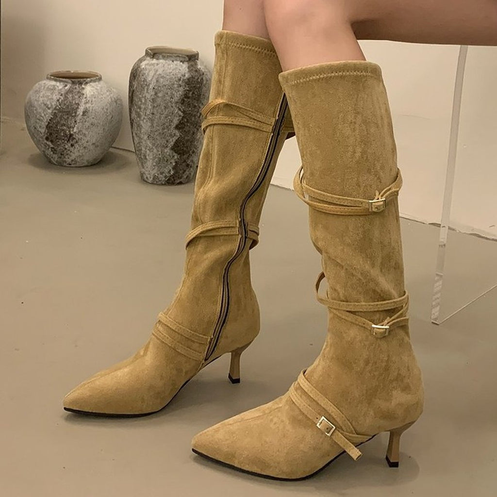 Women's Pointed Toe Stiletto Buckle Straps Suede Knee