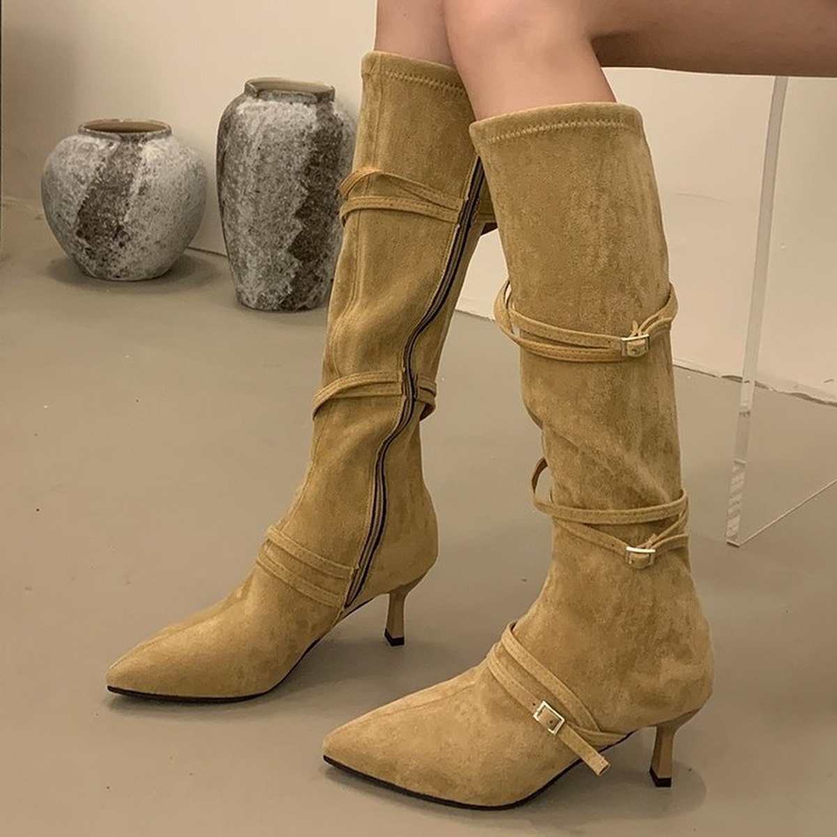 Women's Pointed Toe Stiletto Buckle Straps Suede Knee