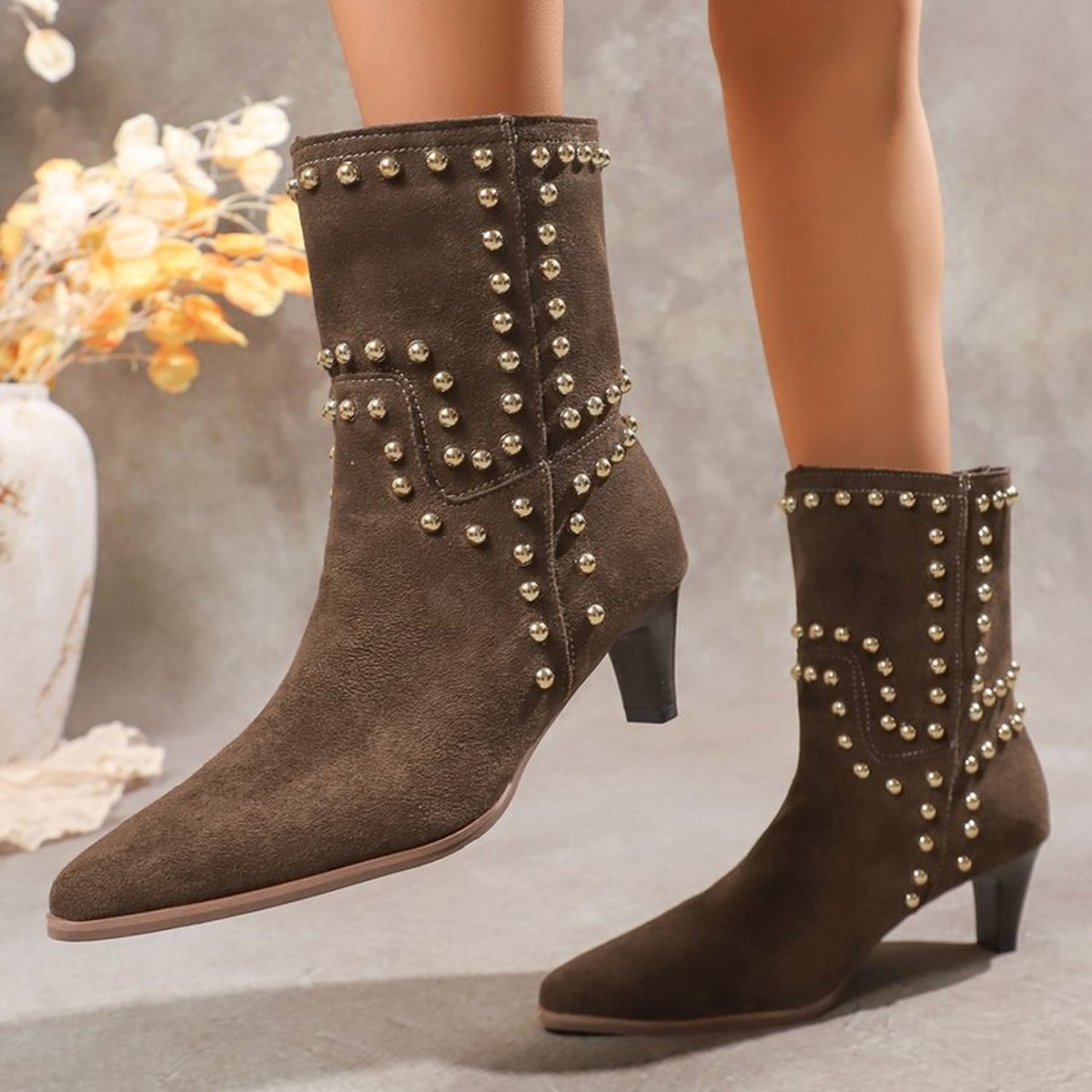 Women's Pointed Toe Studded Ankle Boots Block Heel