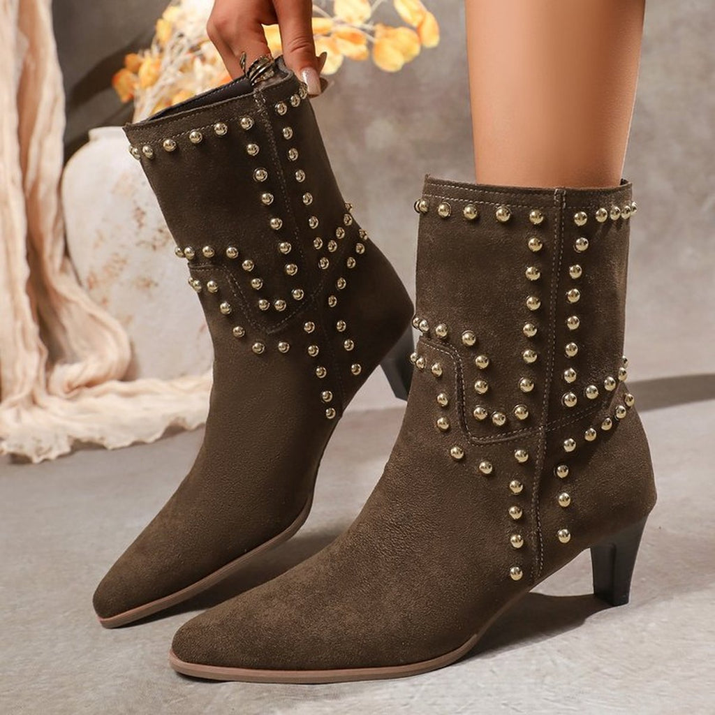 Women's Pointed Toe Studded Ankle Boots Block Heel