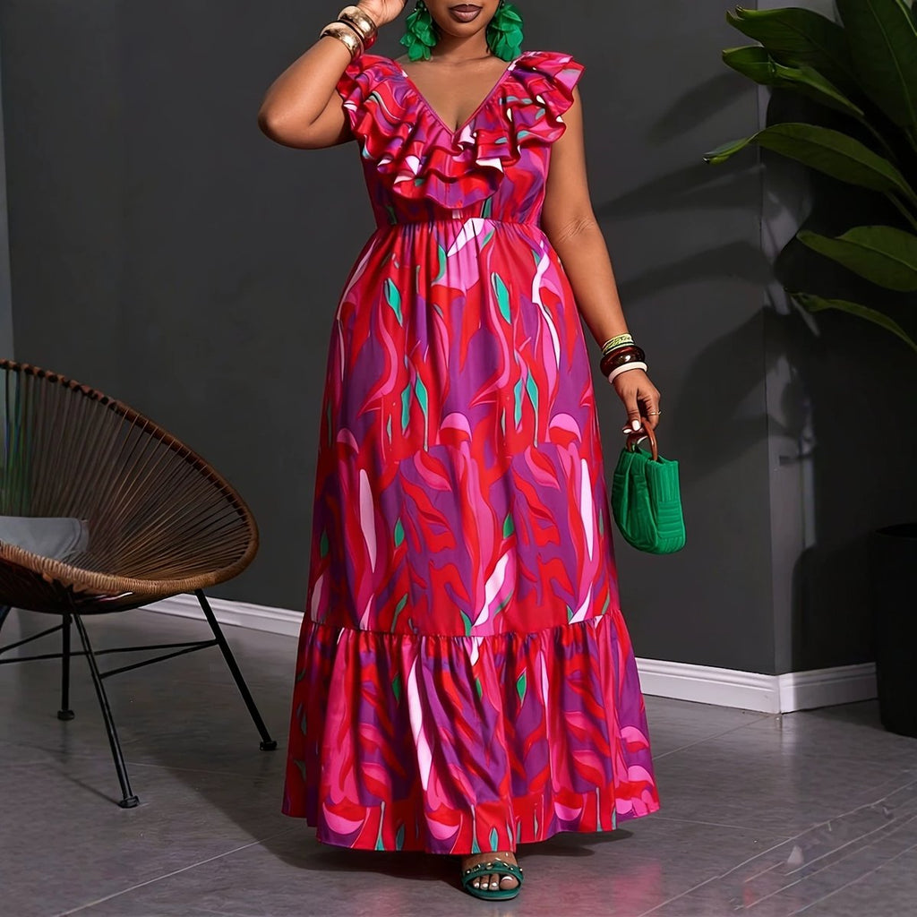 Women's Printed V-neck Midi Dress