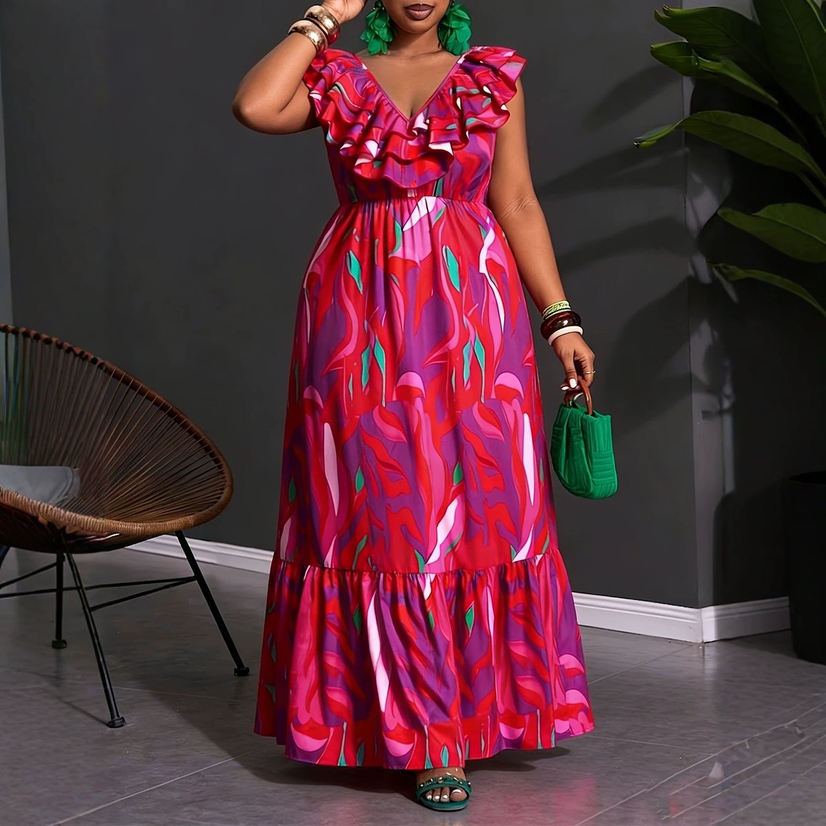 Women's Printed V-neck Midi Dress