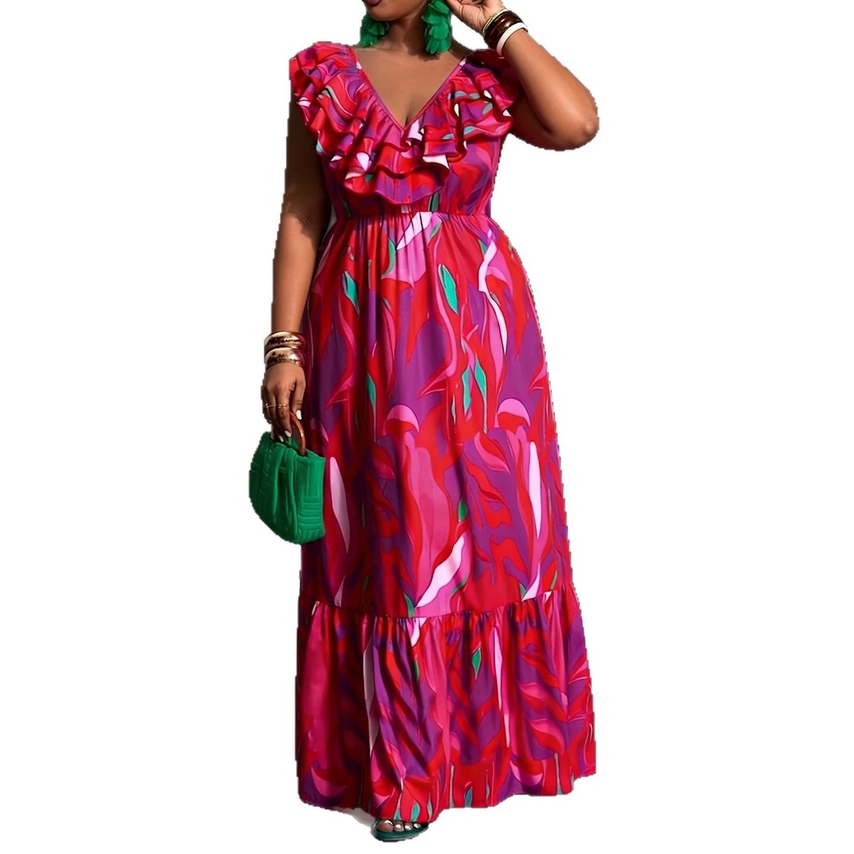 Women's Printed V-neck Midi Dress