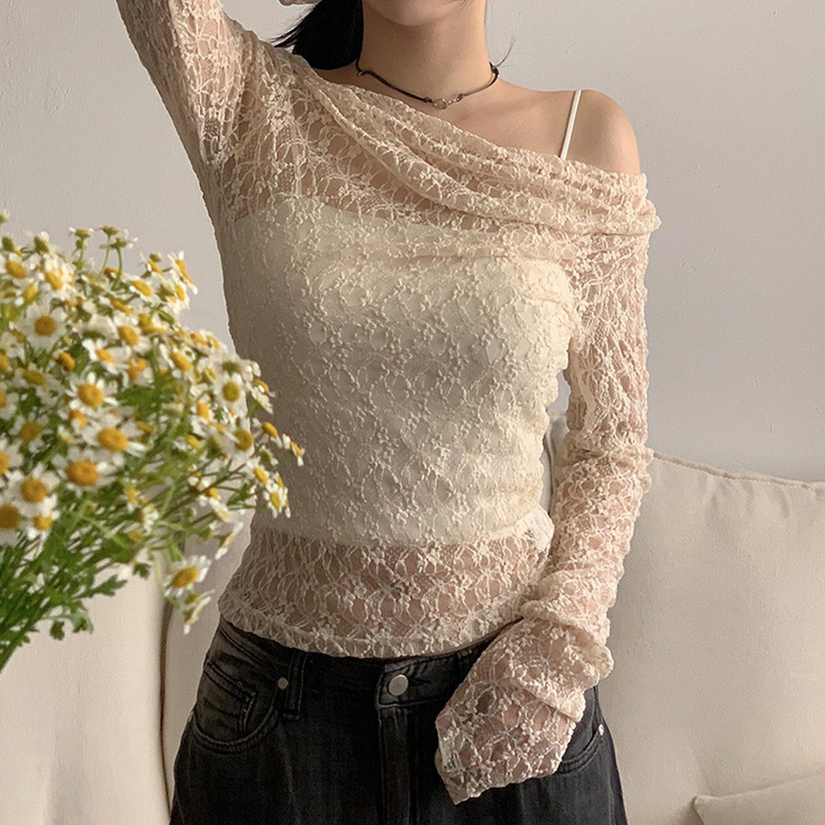 Women's Pure Lace Long Sleeve Blouse Top