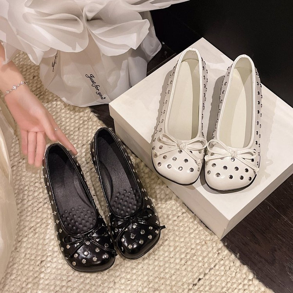 Women's Rivet Bow Mary Jane Shoes Slip On