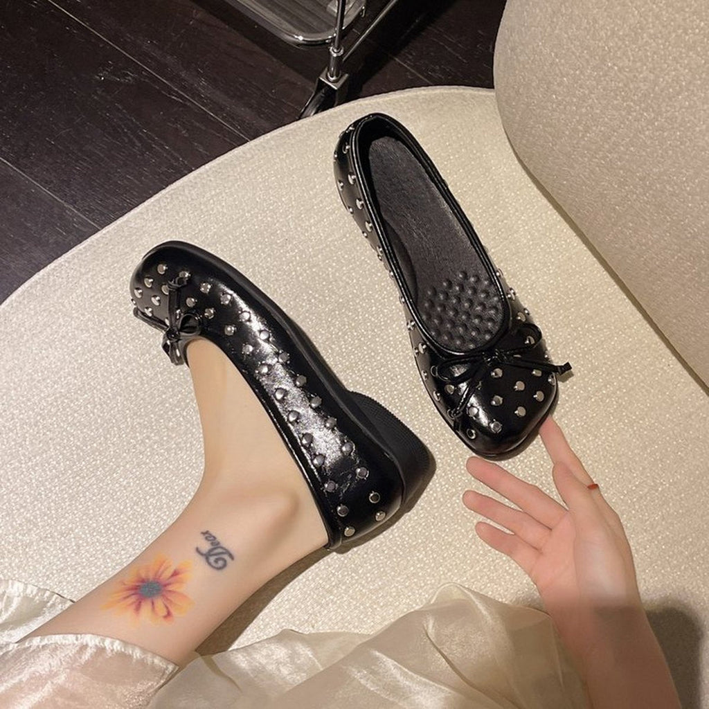 Women's Rivet Bow Mary Jane Shoes Slip On