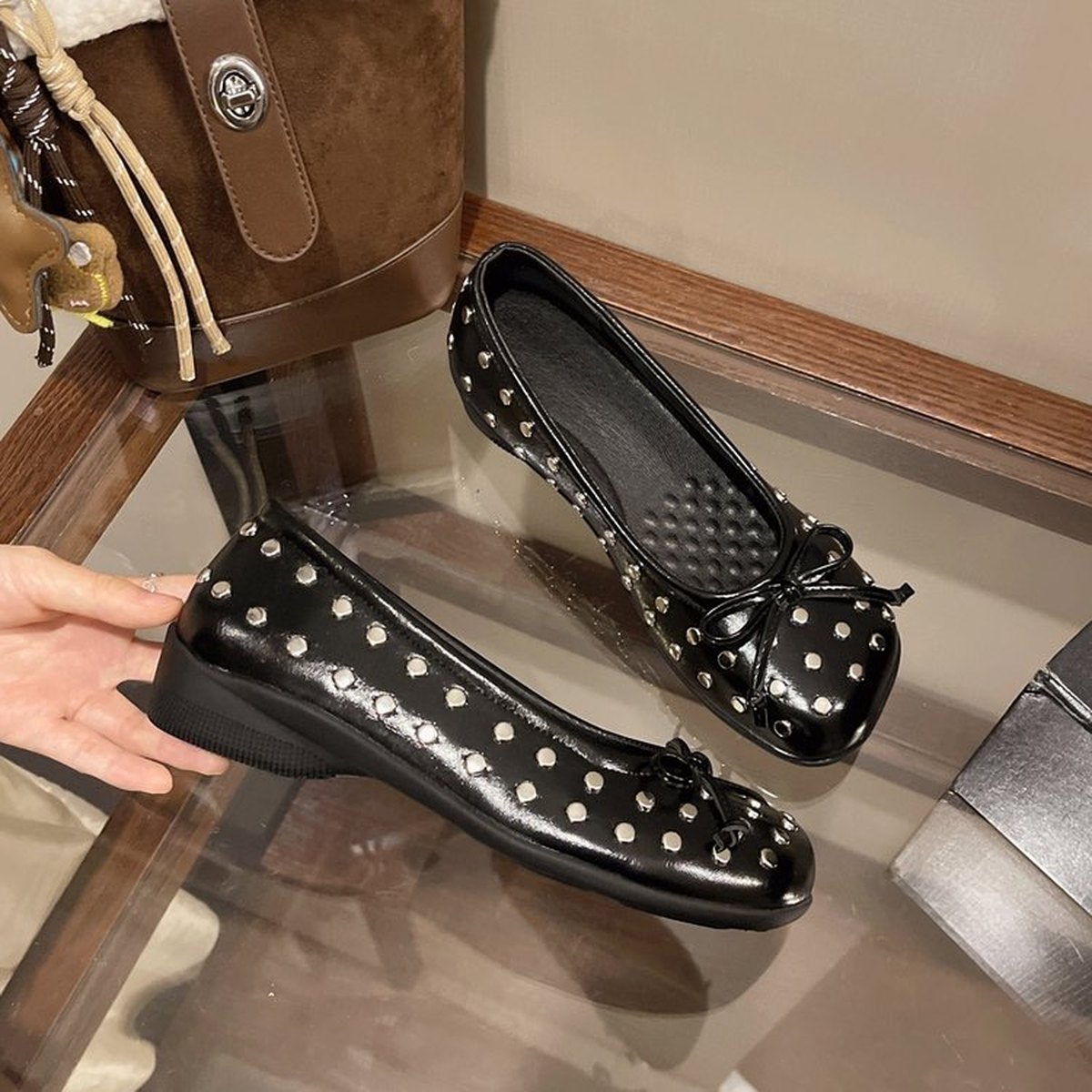 Women's Rivet Bow Mary Jane Shoes Slip On