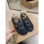 Women's Round Toe Woolen Retro Velcro Ballet Flats