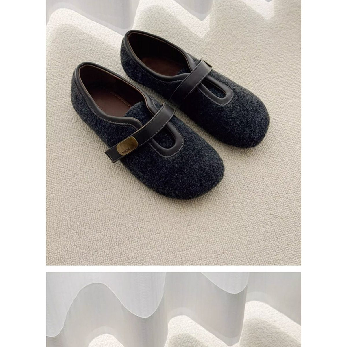 Women's Round Toe Woolen Retro Velcro Ballet Flats