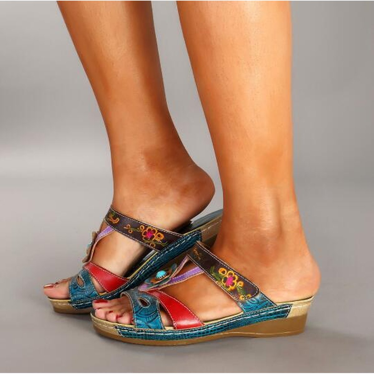 Women's Sandals Heeled Slippers Ethnic Flower Shoes