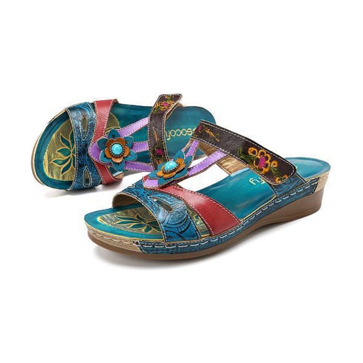 Women's Sandals Heeled Slippers Ethnic Flower Shoes