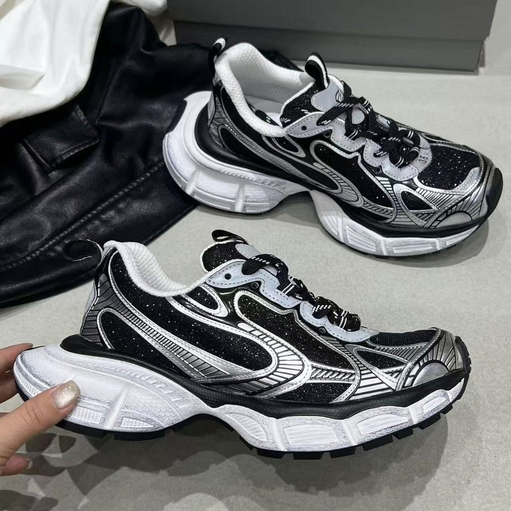 Women's Sequin Dad Sneakers Thick Platform Wing-tip Casual