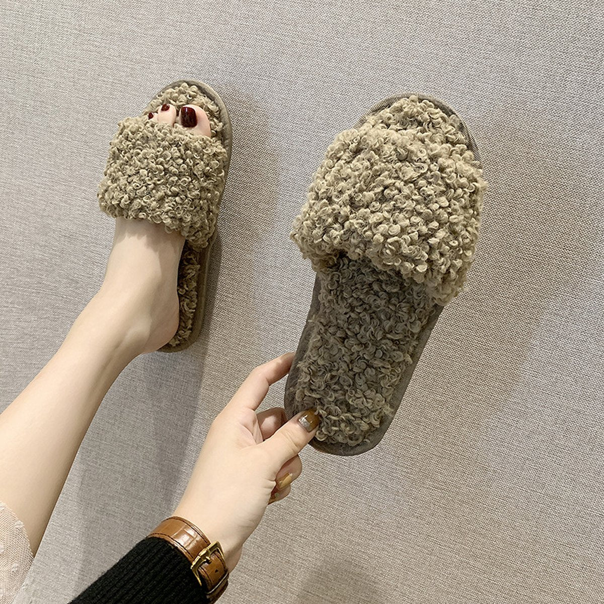 Women's Sheep Curl Slippers Suitable Non-slip Cotton