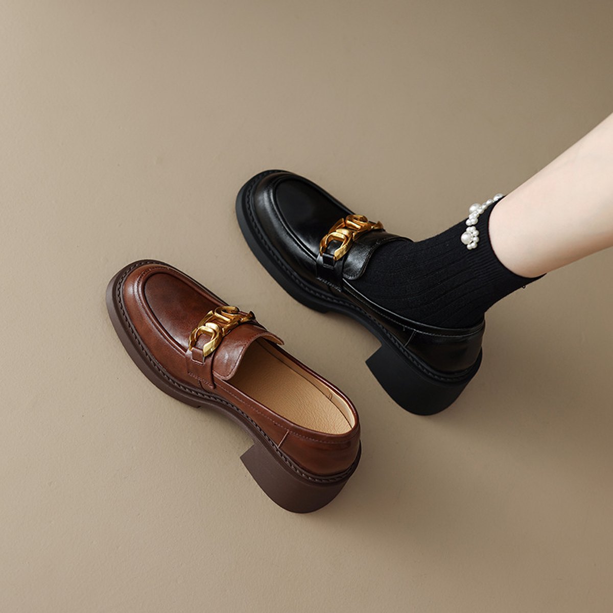 Women's Sheepskin Preppy Metal Buckle High Heel Loafers