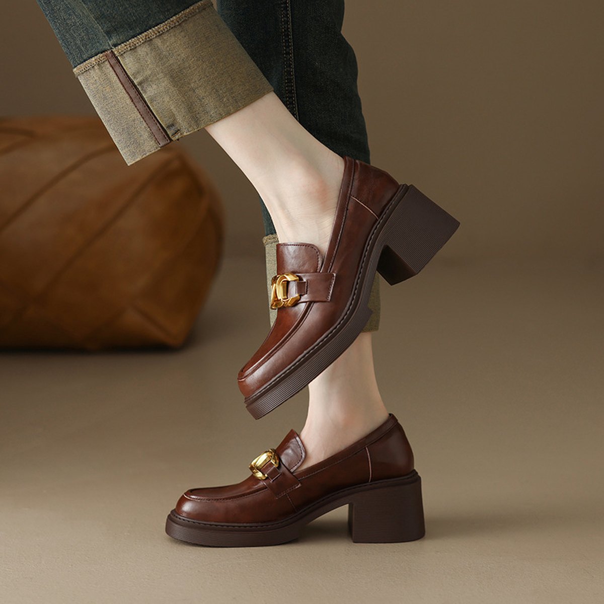 Women's Sheepskin Preppy Metal Buckle High Heel Loafers