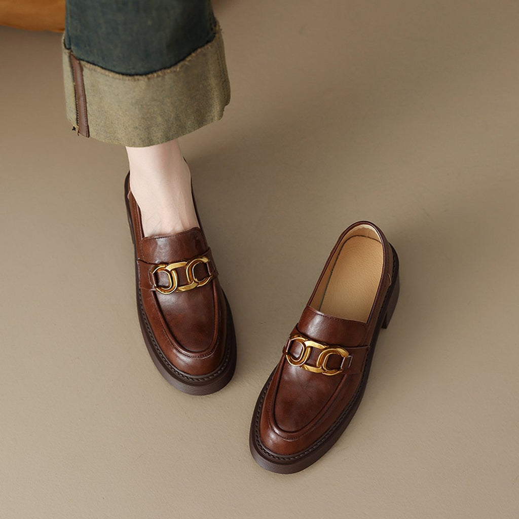 Women's Sheepskin Preppy Metal Buckle High Heel Loafers
