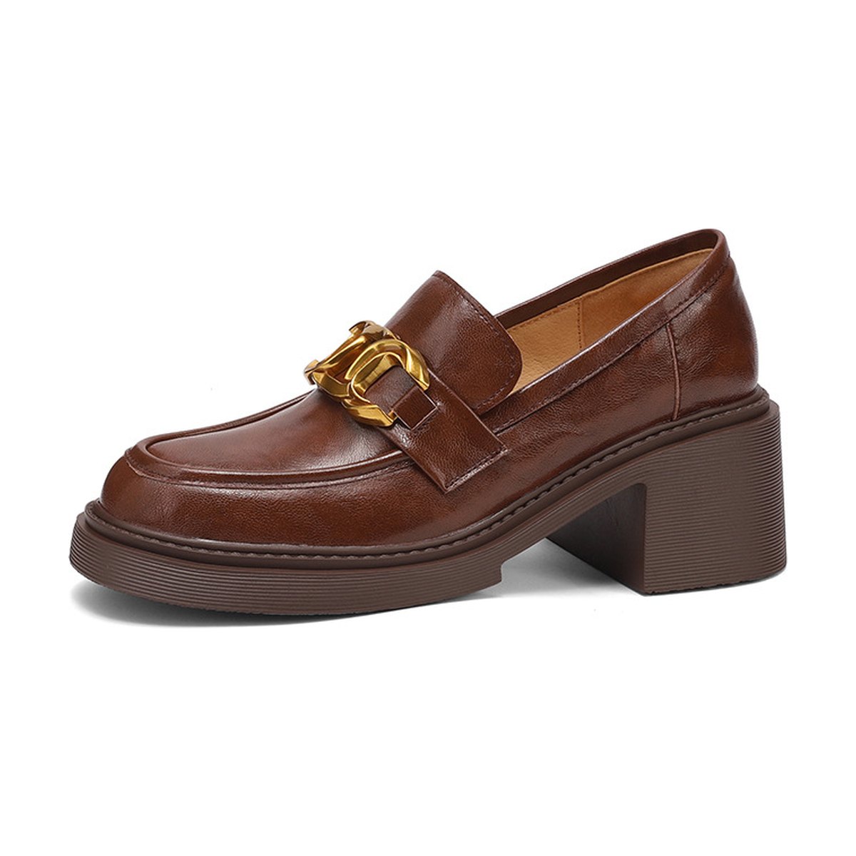 Women's Sheepskin Preppy Metal Buckle High Heel Loafers