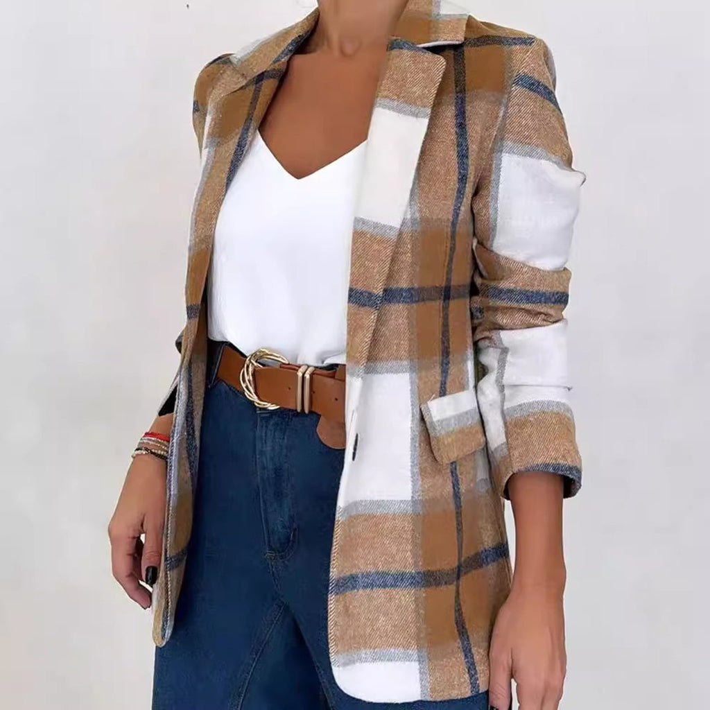 Women's Single Breasted Plaid Wool Coat