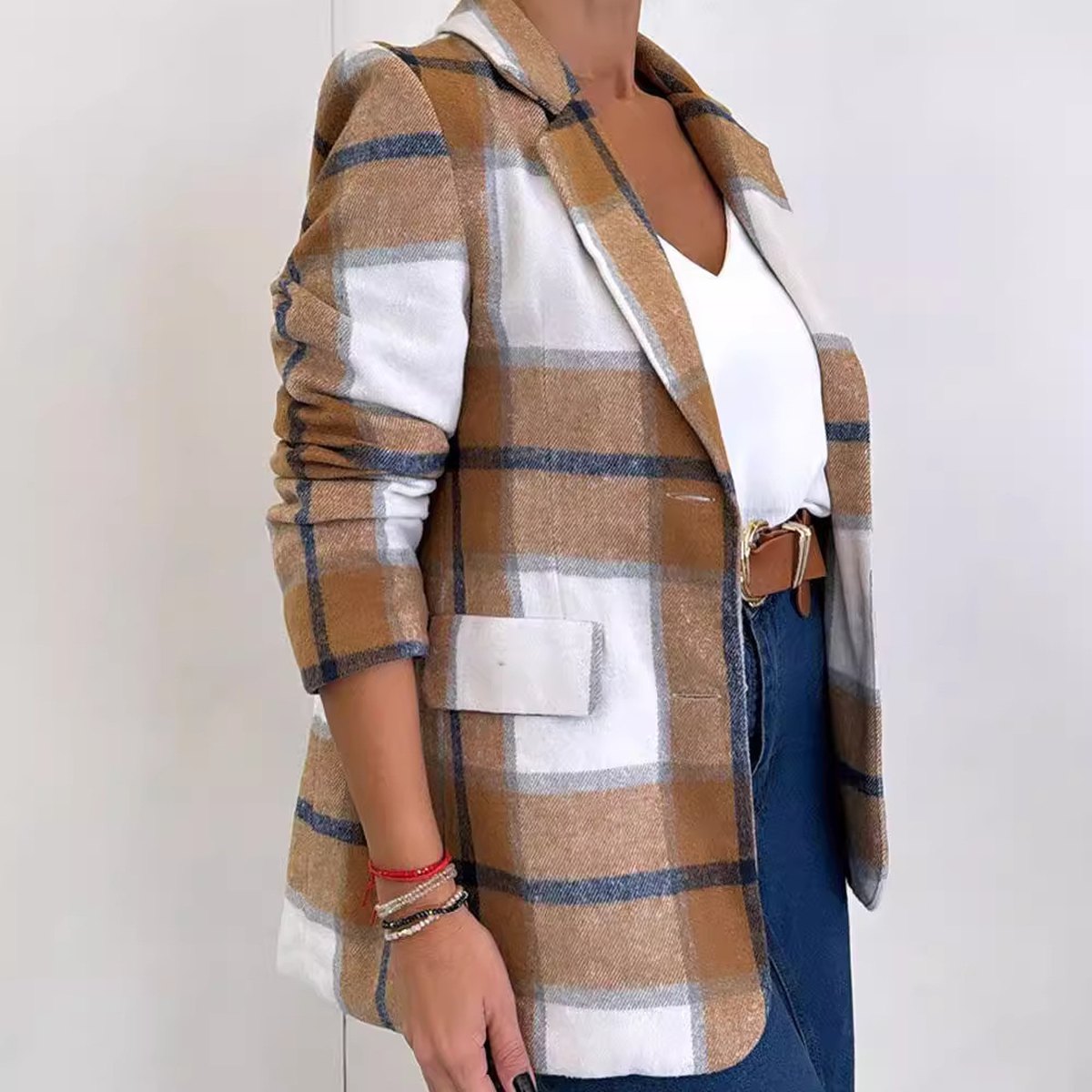 Women's Single Breasted Plaid Wool Coat
