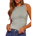 Women's Sleeveless Ribbed Vest Slim-fit Pleated Solid Crew